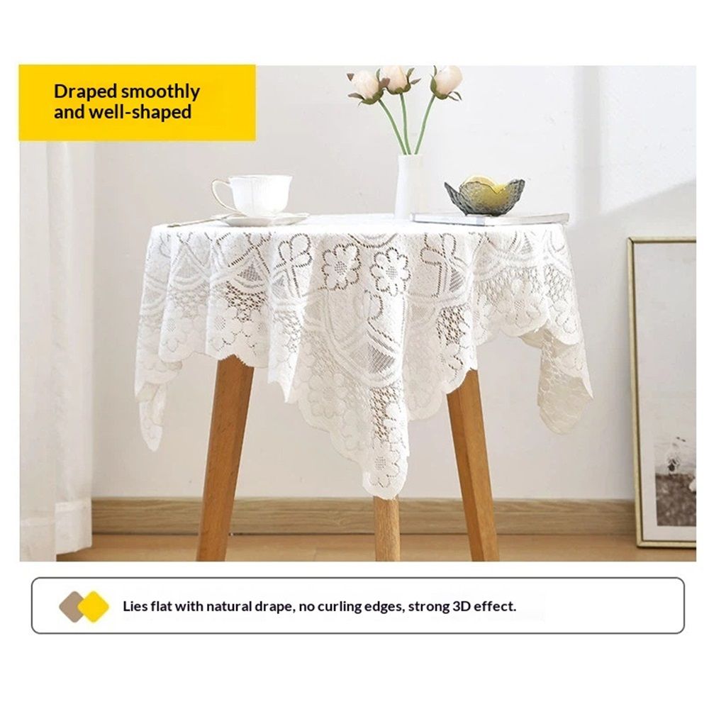 White handmade crochet lace square table runner with embroidered details, perfect for round coffee tables and home décor.
