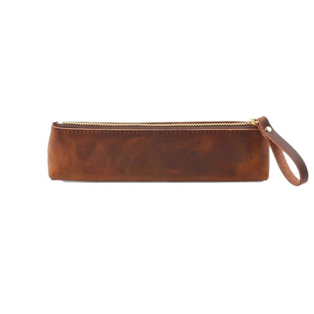 Vintage leather pencil case for men, small ergonomic pouch for stationery, suitable for work, travel, and everyday use.