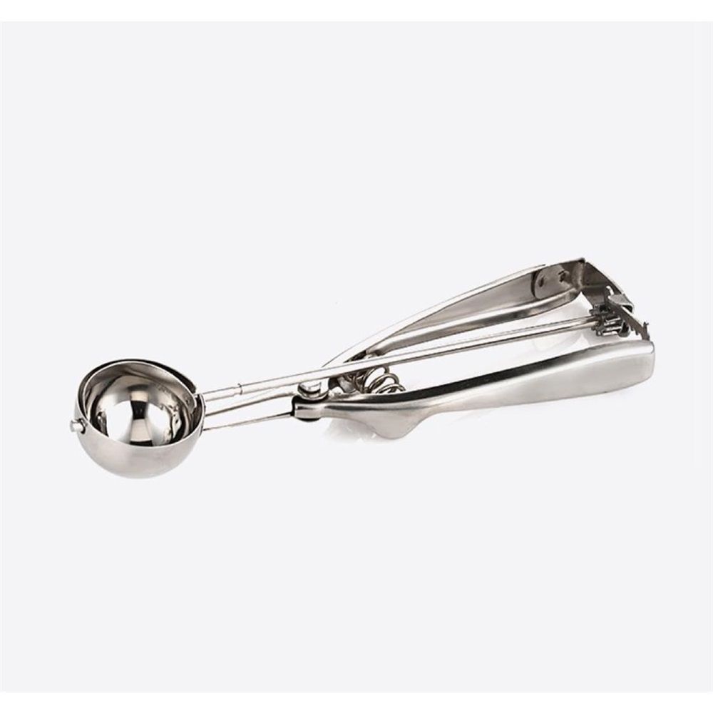 Stainless steel ice cream scoop with spring lever, designed for sorbet, melon, and fruit, featuring ergonomic handle for easy use.