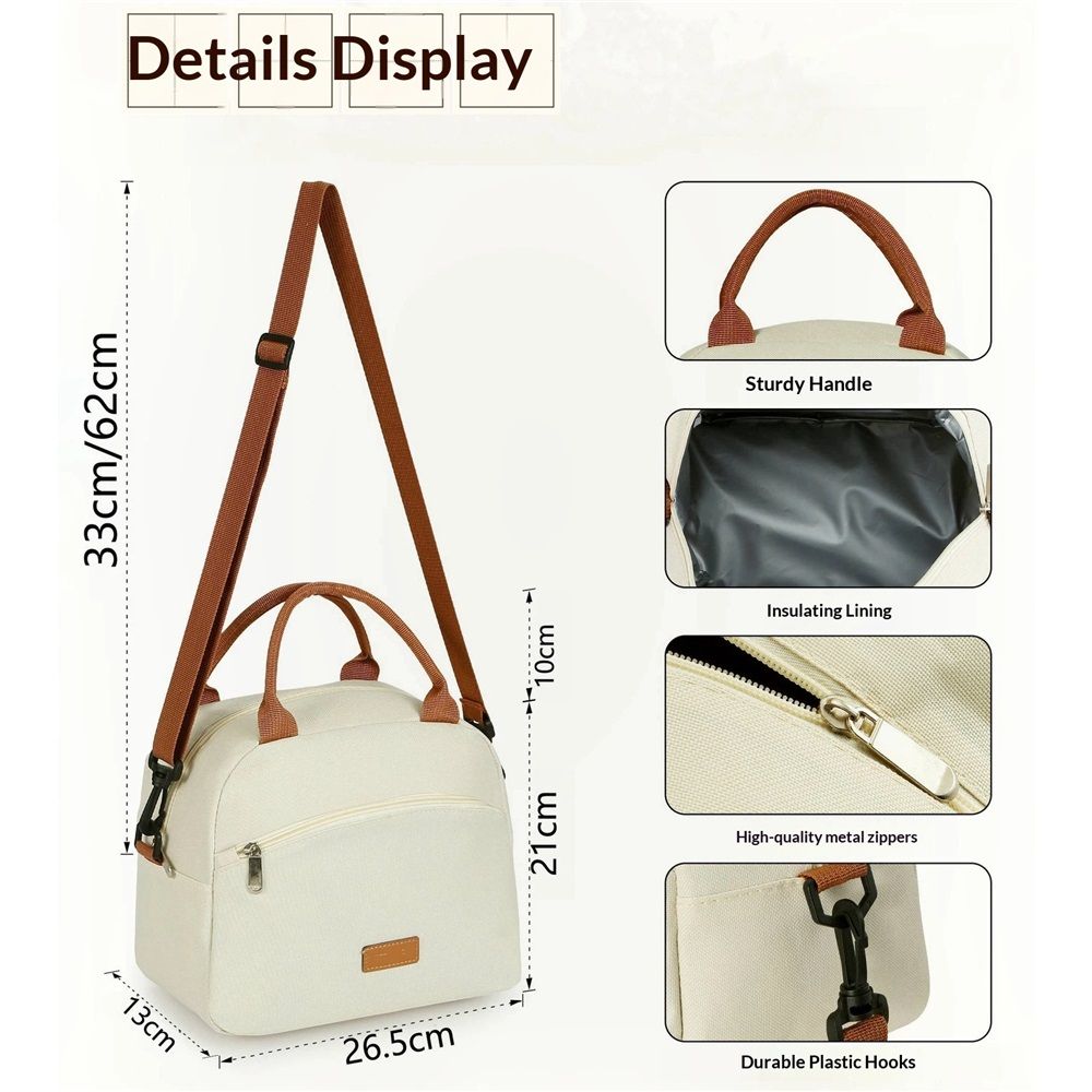 Insulated beige lunch bag for adults, leakproof and reusable, with high capacity for work, travel, and outdoor meals.