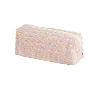 Pink fashion pen case with colorful lines, medium size with large capacity storage for pencils and writing tools.