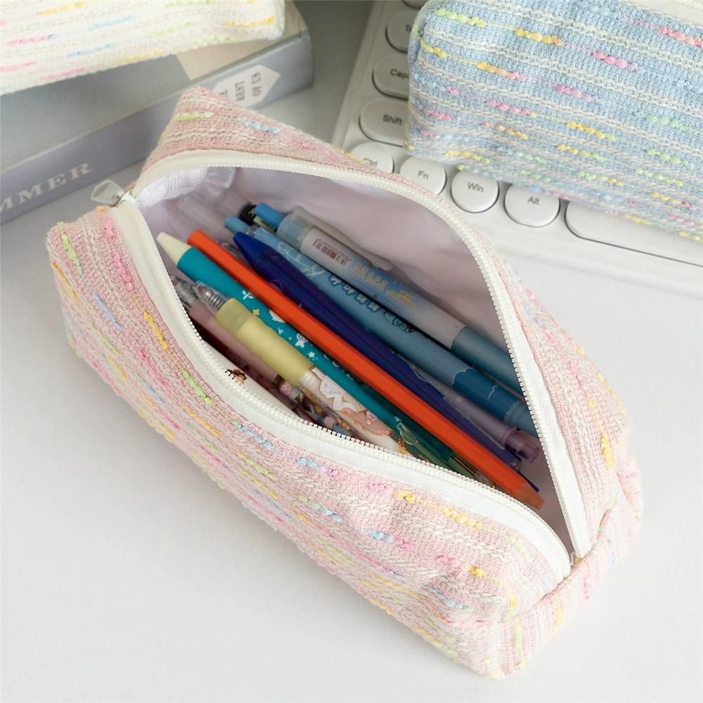 Luxury pink pen case with colorful lines, medium size, large capacity pencil pouch, stylish organizer for kids' pens and pencils