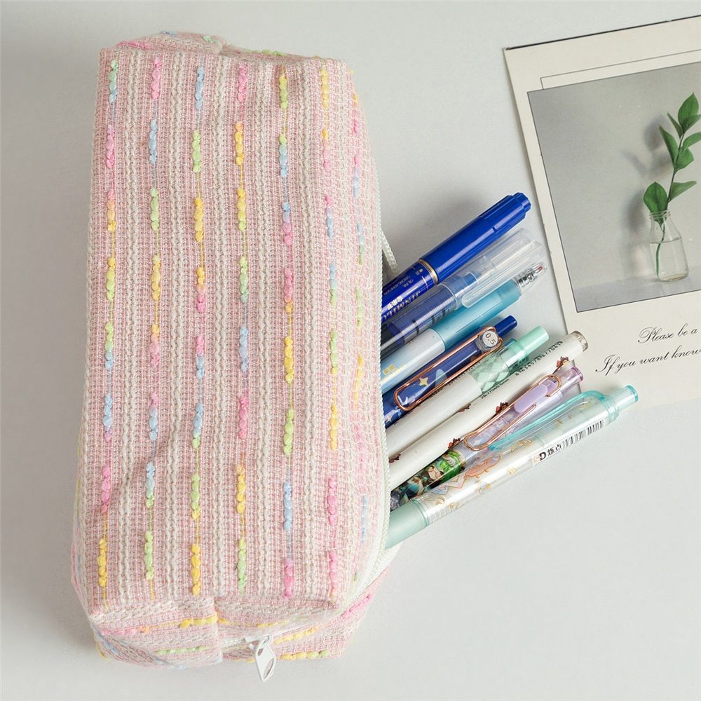 Pink luxury pen case with colorful lines, medium size, large capacity pencil pouch, perfect for organizing pens and pencils.