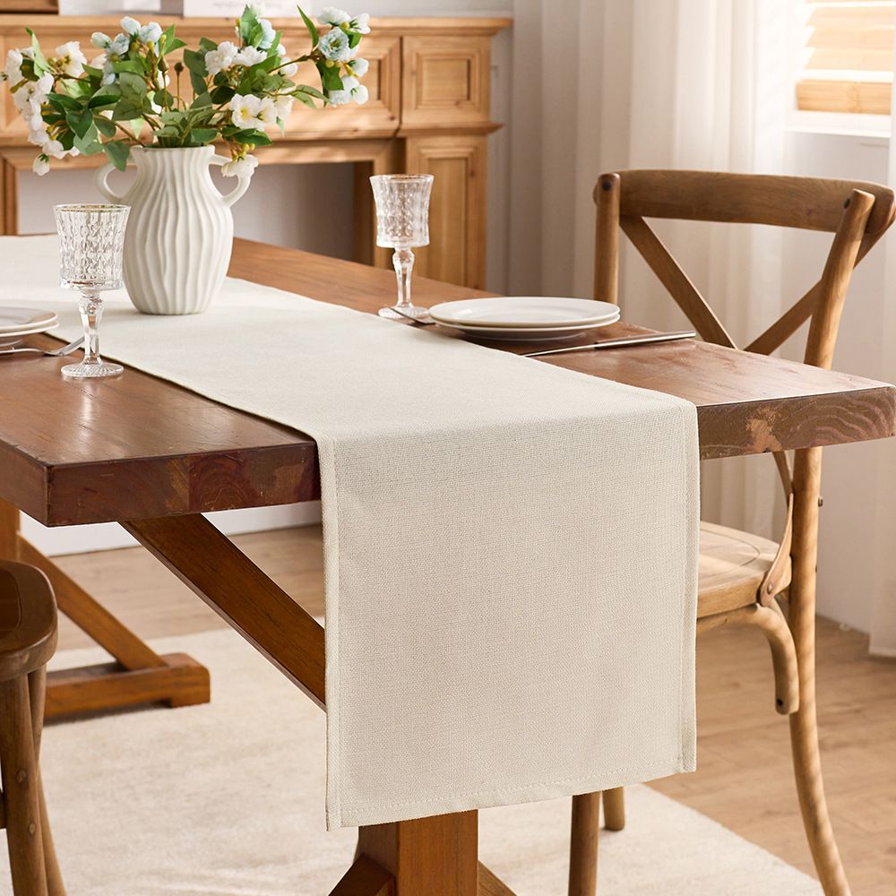 Beige linen cotton tablecloth with festive Independence Day, Halloween, Christmas, and Thanksgiving patterns for dining or coffee tables.