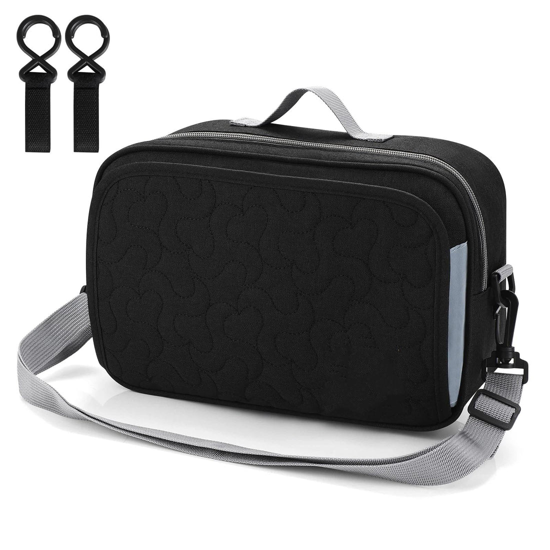 Black universal stroller organizer by Everything Baby with insulated cup holder and large capacity pocket for baby accessories.