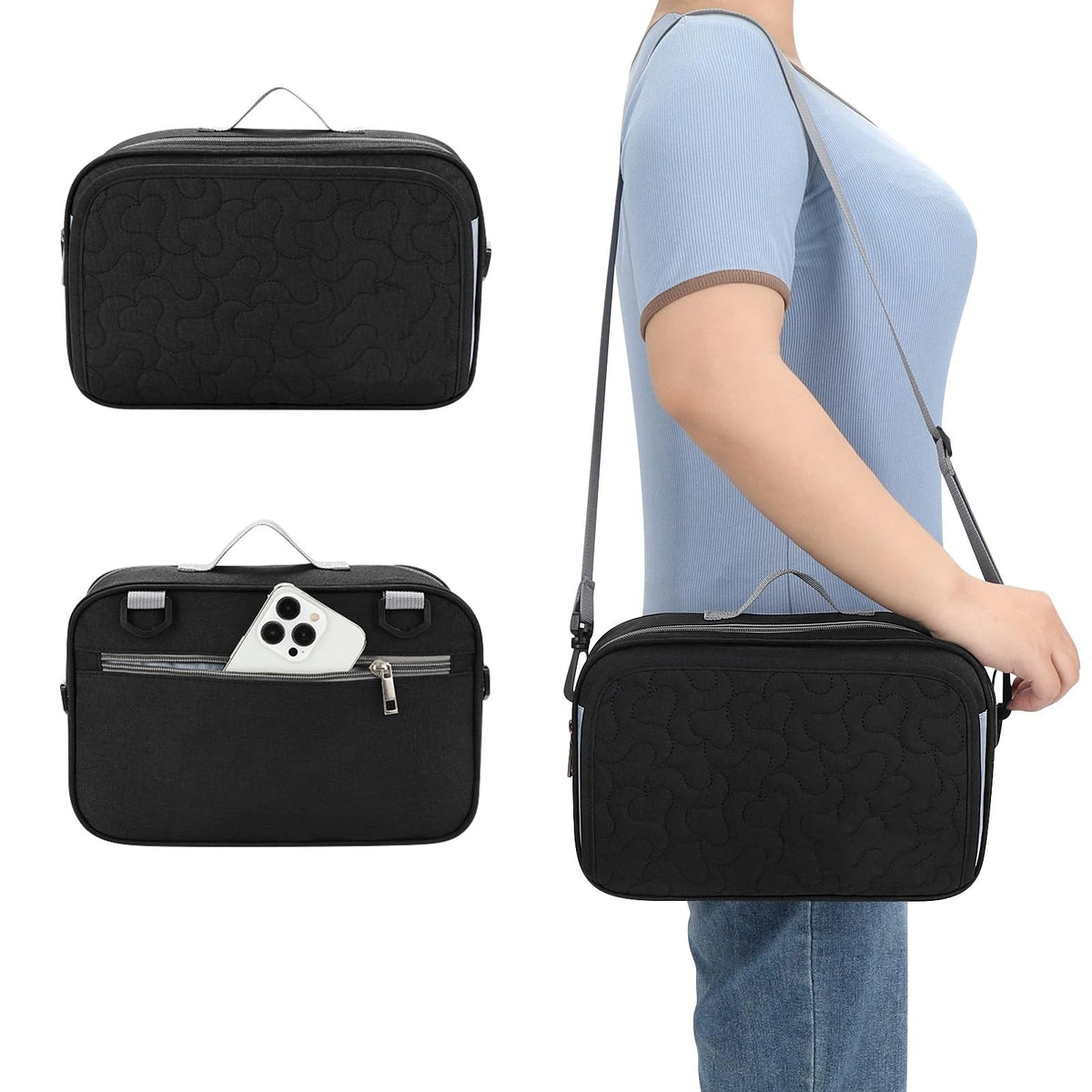Black universal stroller organizer with insulated cup holder and multiple pockets, designed for baby stroller accessories.