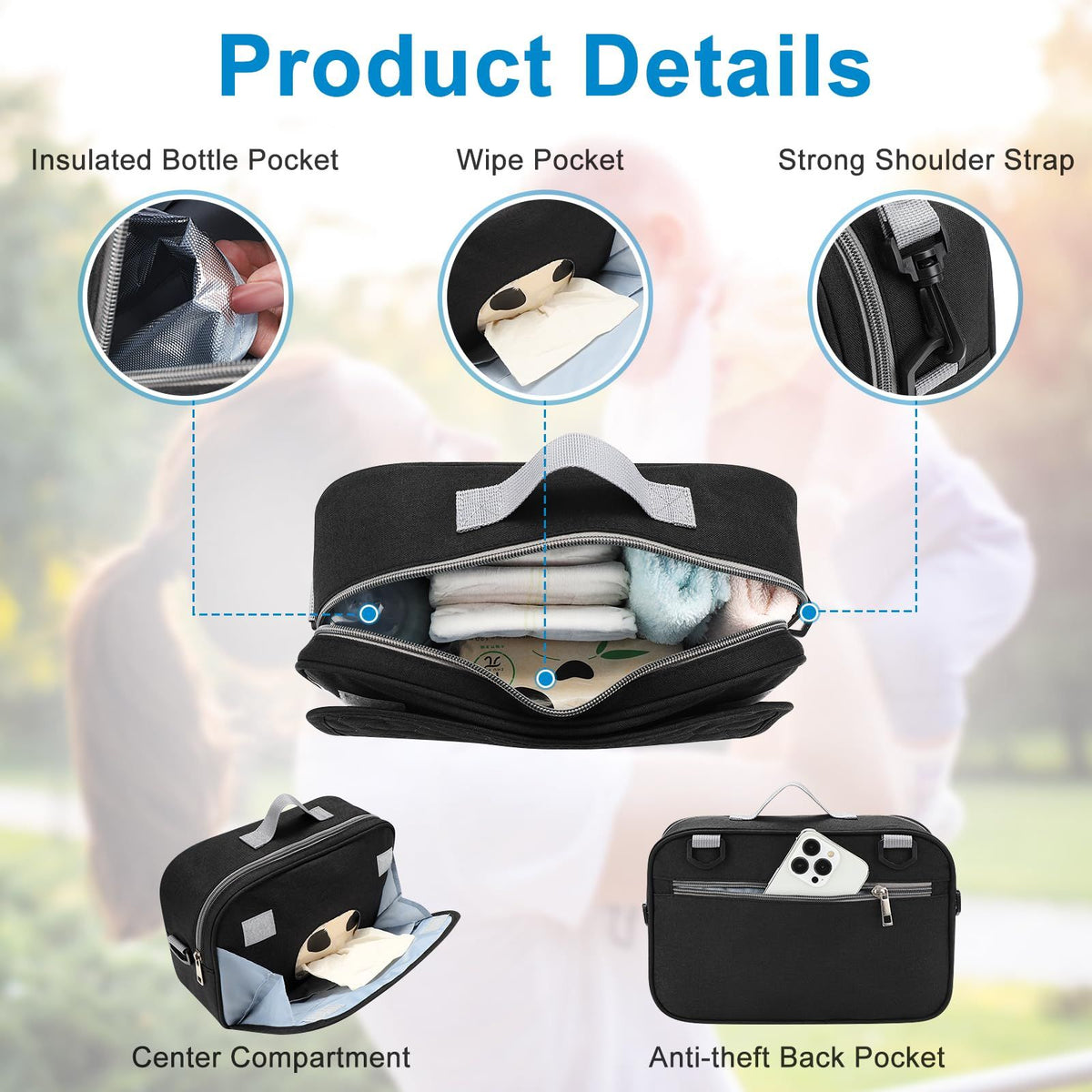 Black universal stroller organizer by Everything Baby with insulated cup holder, multiple pockets, and large capacity for baby accessories.