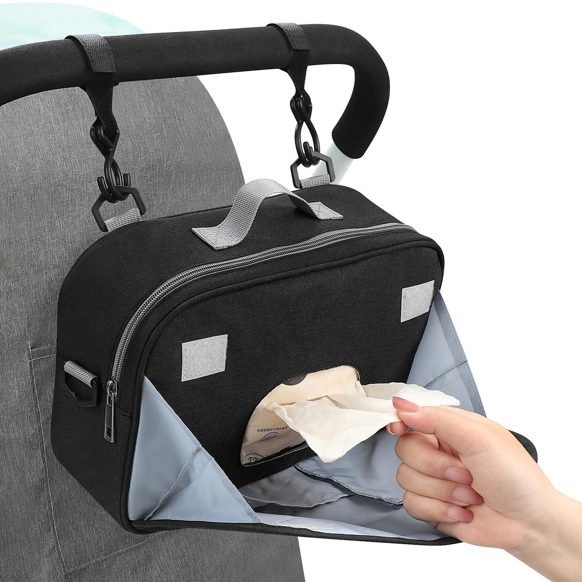 Universal stroller organizer by Everything Baby with insulated cup holder, large capacity stroller caddy in black, for baby accessories.