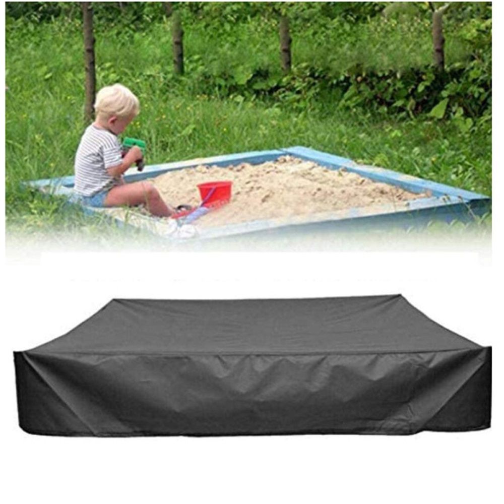 Heavy duty waterproof sandbox cover in black, 120x120x20cm, designed to protect outdoor kids' sandbox from debris.