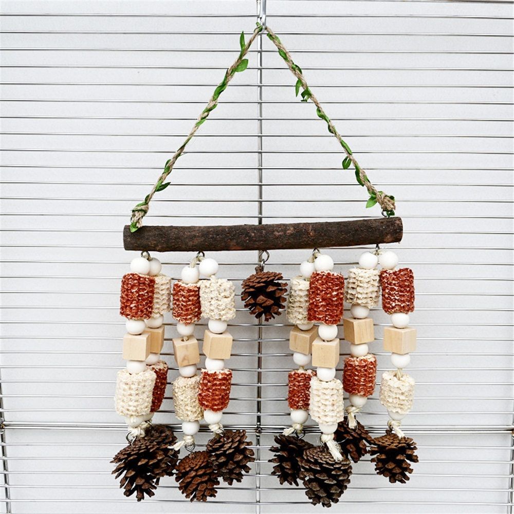 Colorful wooden chewing toy for parrots with natural blocks, suitable for large macaws, cockatoos, and various bird species.