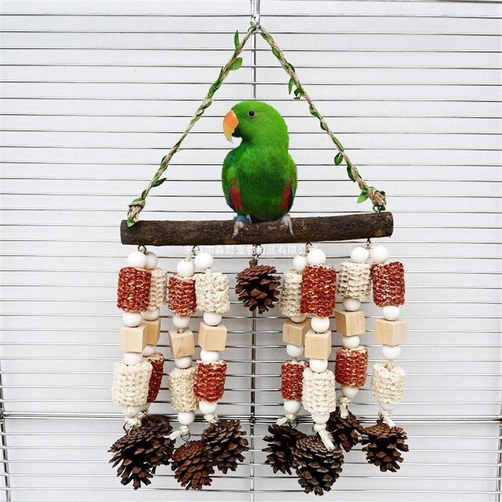 Multicolored wooden parrot chewing toy with natural blocks, ideal for large macaws, cockatoos, and various parrots.