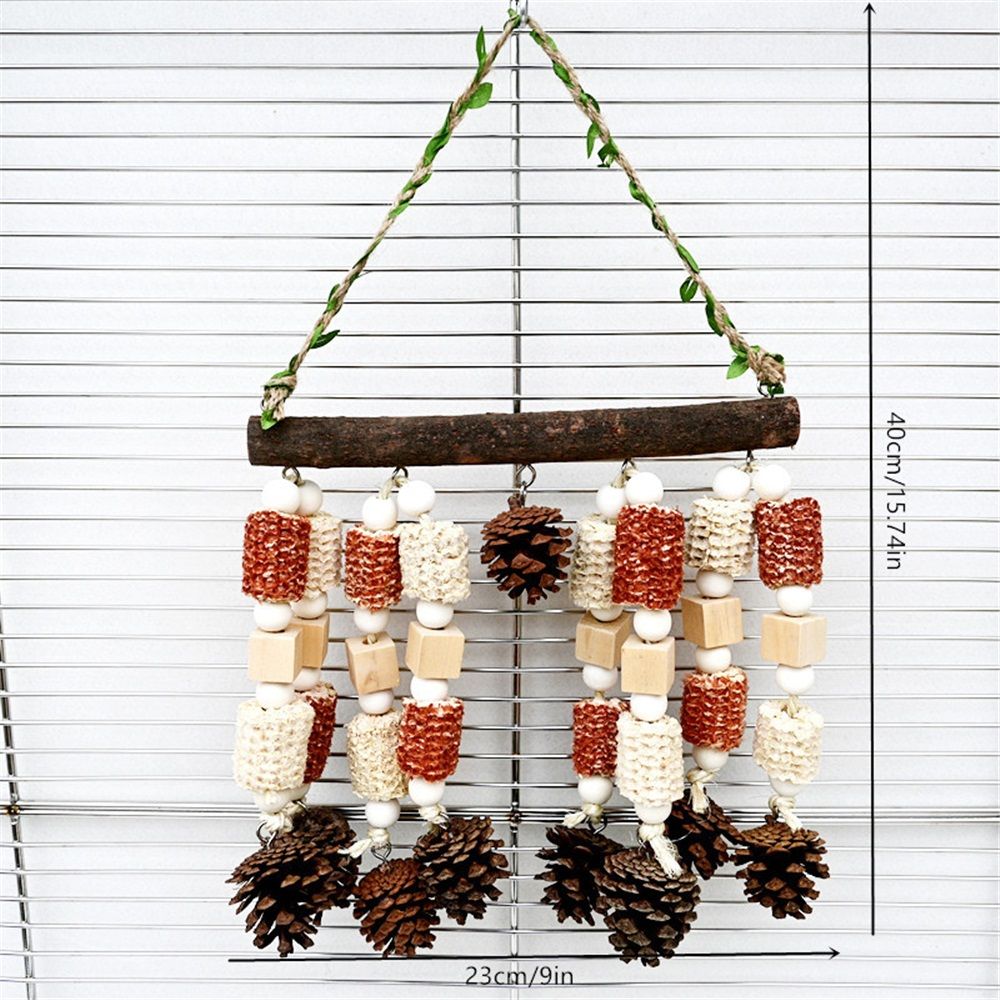 Multicolored wooden parrot chewing toy with natural blocks for large macaws, cockatoos, and various parrots, ideal for bird play.