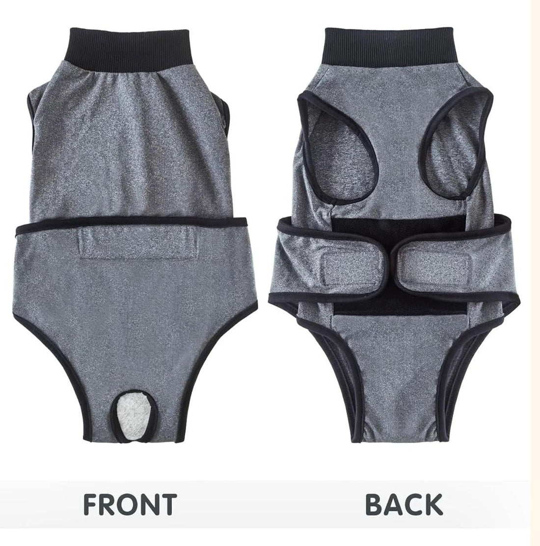 Grey dog recovery suit for post-surgery, spay, or neuter, with anti-licking design, ideal for puppy surgical wound healing.