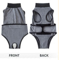 Grey dog recovery suit for post-surgery, spay, or neuter, with anti-licking design, ideal for puppy surgical wound healing.