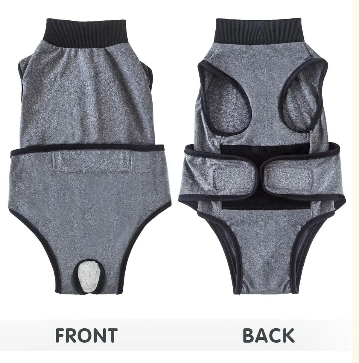 Grey dog recovery suit for post-surgery, spay, or neuter, with anti-licking design, ideal for puppy surgical wound healing.