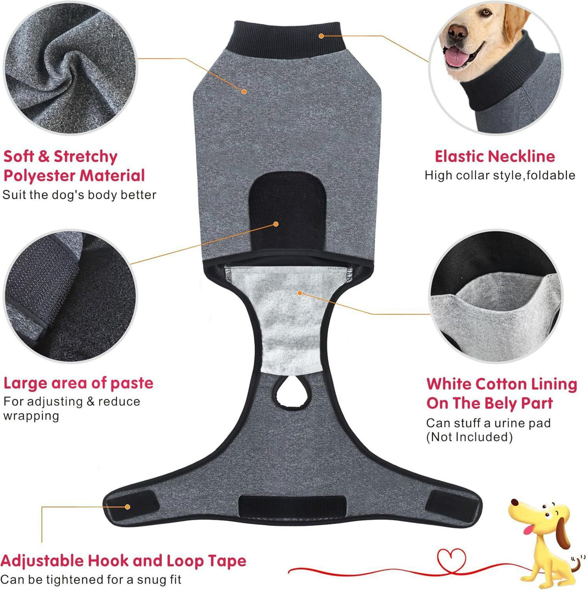 Grey dog recovery suit for post-surgery, spay and neuter, anti-licking, puppy bodysuit, alternative to cone of shame.