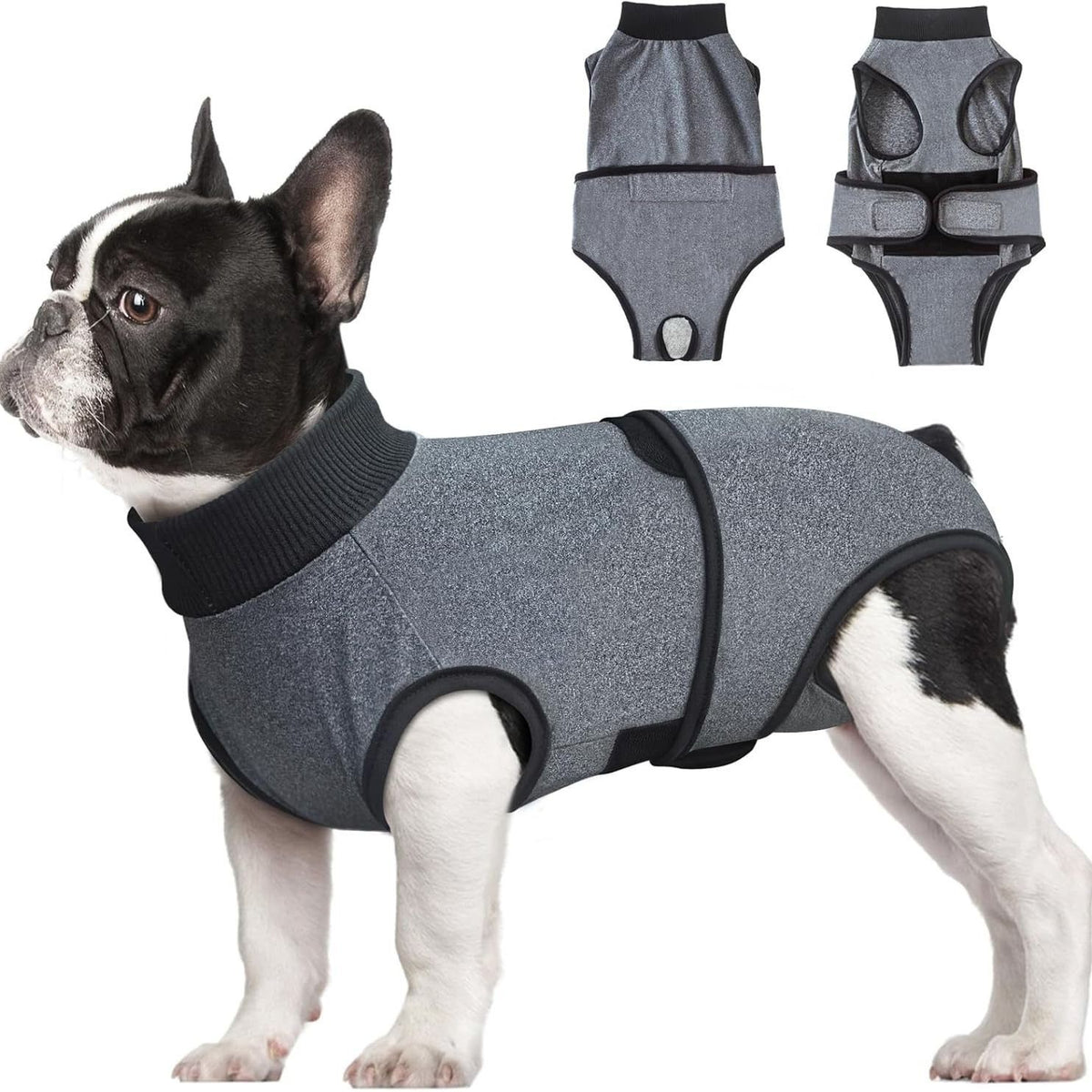 Grey dog recovery suit for post-surgery, female spay, male neuter, anti-licking, puppy wound healing, surgical bodysuit alternative.
