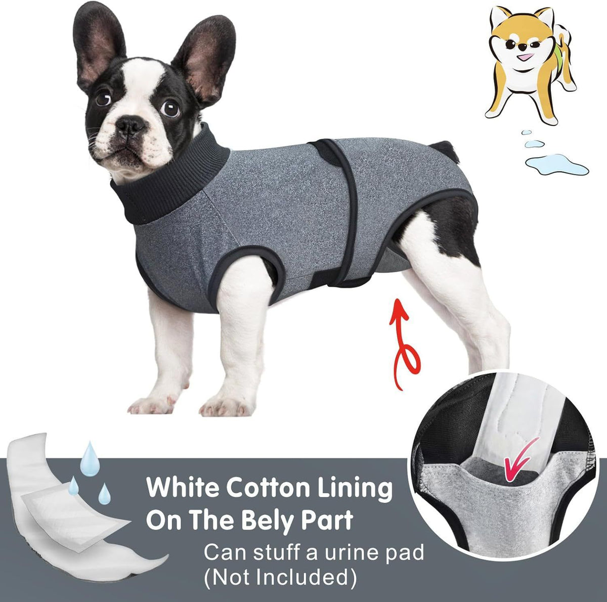 Grey dog recovery suit for post-surgery, spay, or neuter, preventing licking and wound protection for pets.