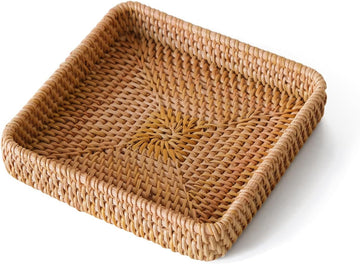 Medium woven wicker basket for remote control and small items, decorative handwoven rattan tray for living room or entryway.