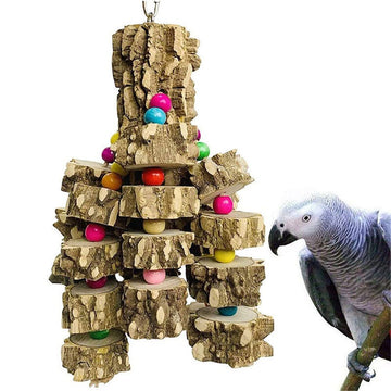 Large natural wood macaw toy with steel wire for parrots and large birds, ideal for chewing and play in vibrant avian environments.