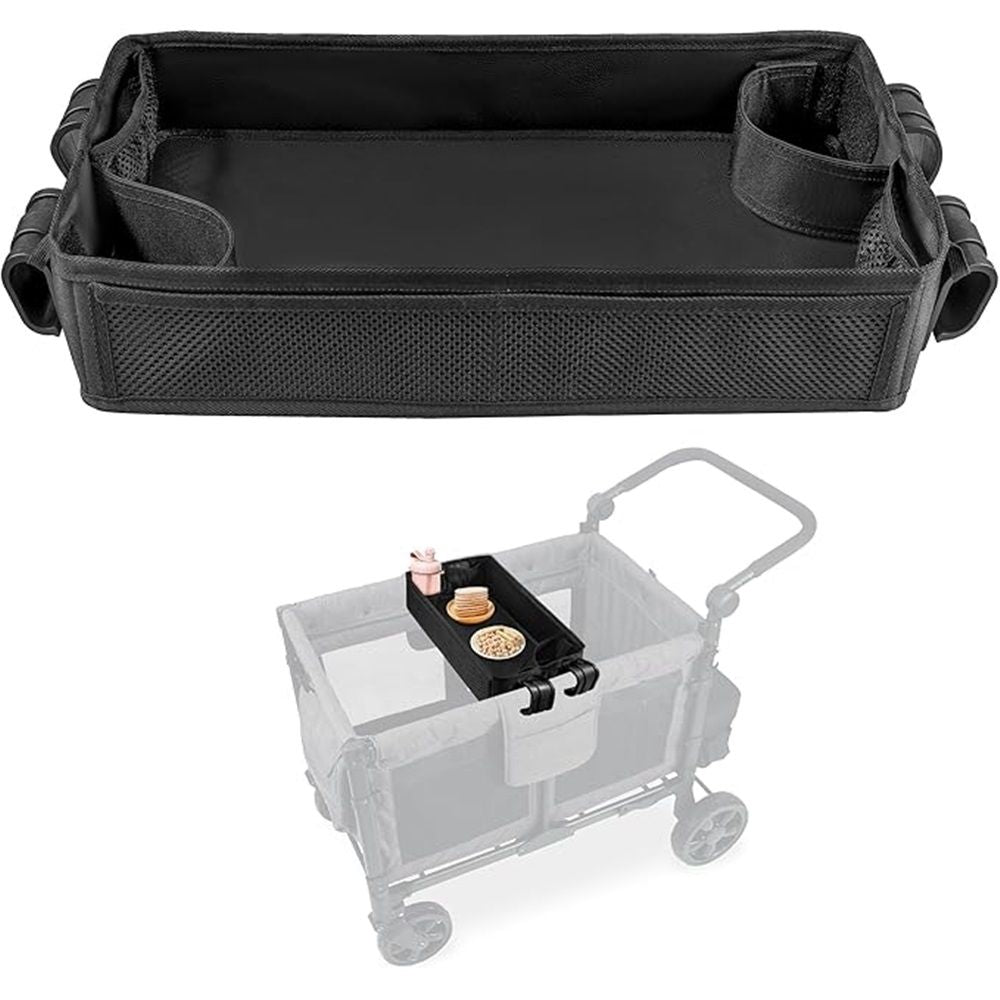 Baby stroller snacks tray with mesh pockets, cup holders, Oxford cloth, and ABS+PU for kids' eating and activities.