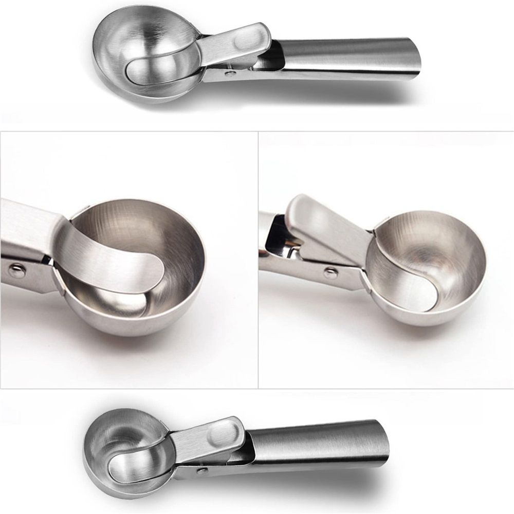 Stainless steel ice cream scooper with trigger release for frozen desserts, meatballs, and yogurt, dishwasher safe, heavy-duty design.