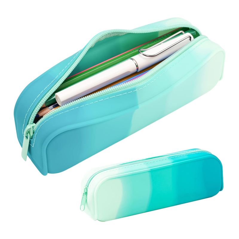 Large soft silicone waterproof pencil case for kids with creative gradient colors and a random zipper, ideal for school supplies.