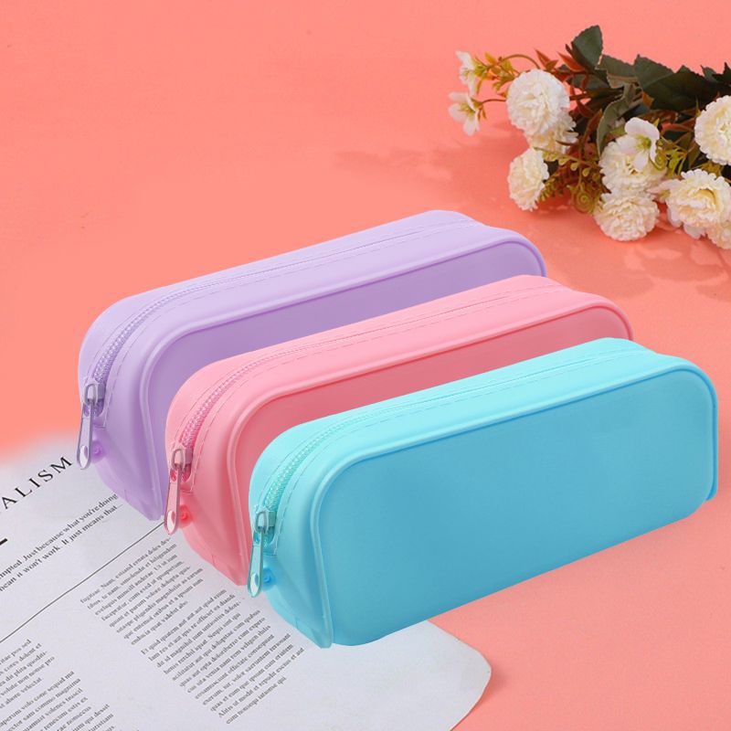 Large soft silicone waterproof pencil case for kids, featuring a creative gradient color design and a random zipper closure.