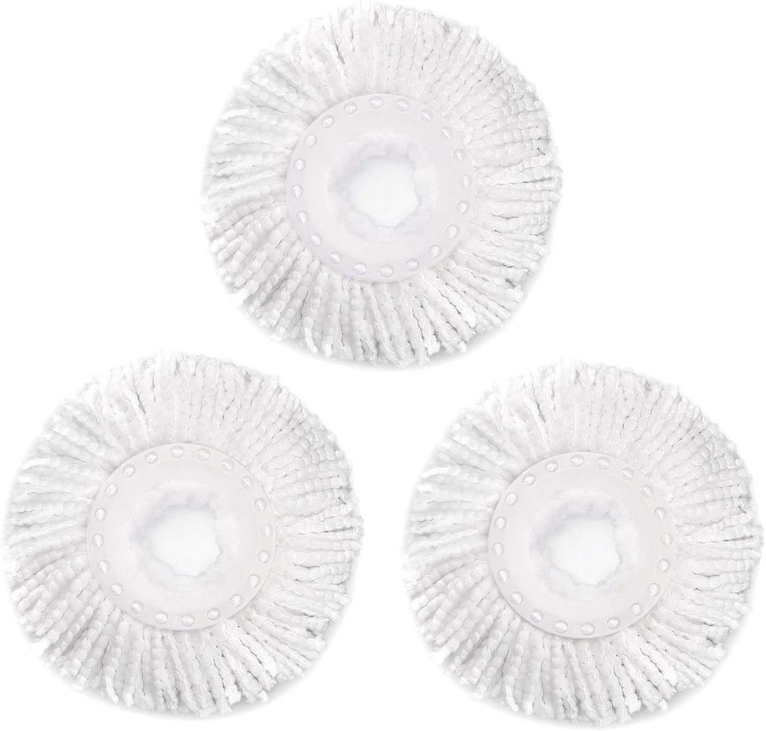 Three white microfiber spin mop replacement heads for Hurrica, Mopnad, Cassabel, and other 360 spin mop systems.