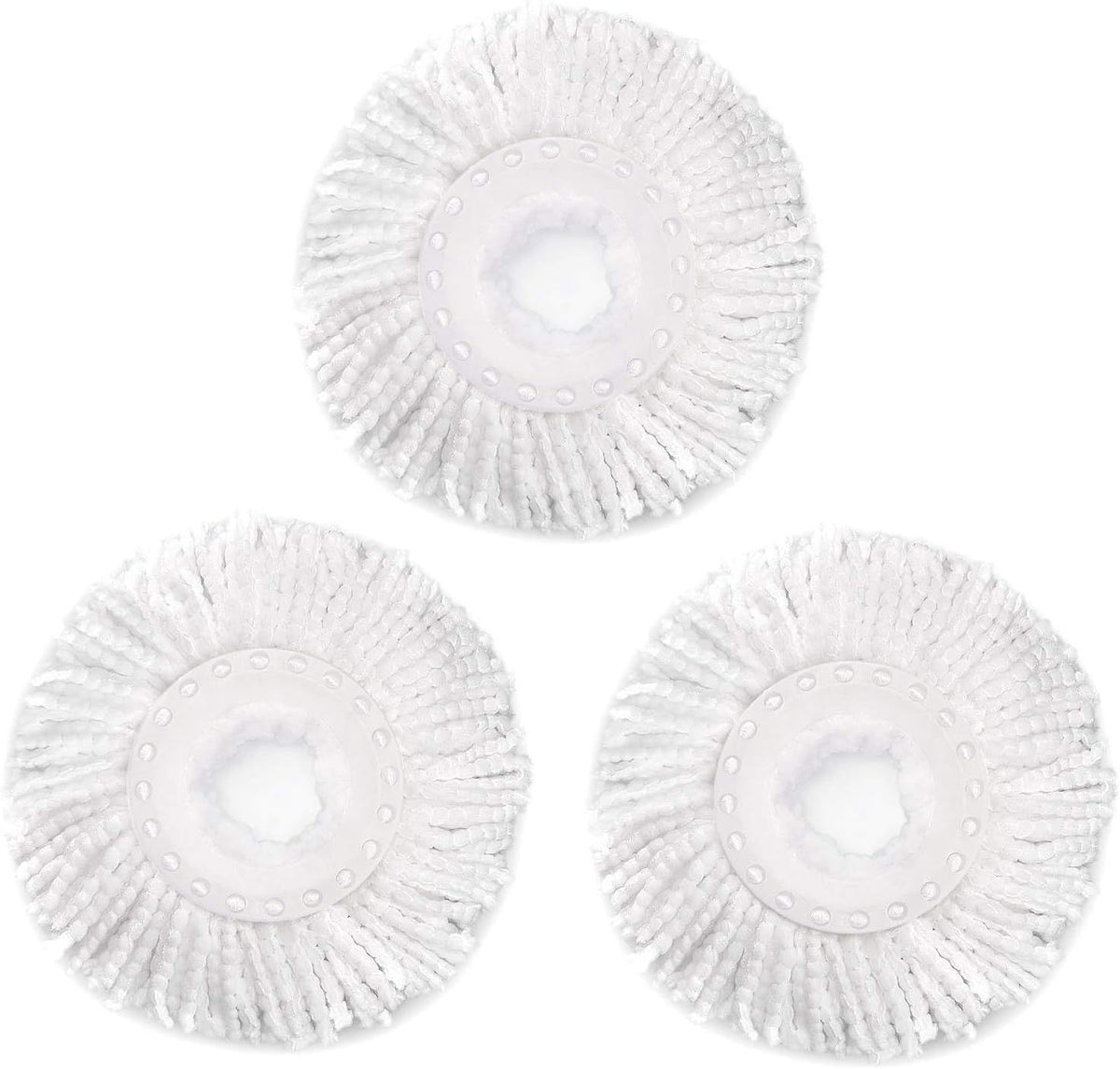 Three white microfiber spin mop replacement heads for Hurrica, Mopnad, Cassabel, and other 360 spin mop systems.