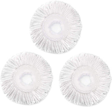 Three white microfiber spin mop replacement heads for Hurrica, Mopnad, Cassabel, and other 360 spin mop systems.