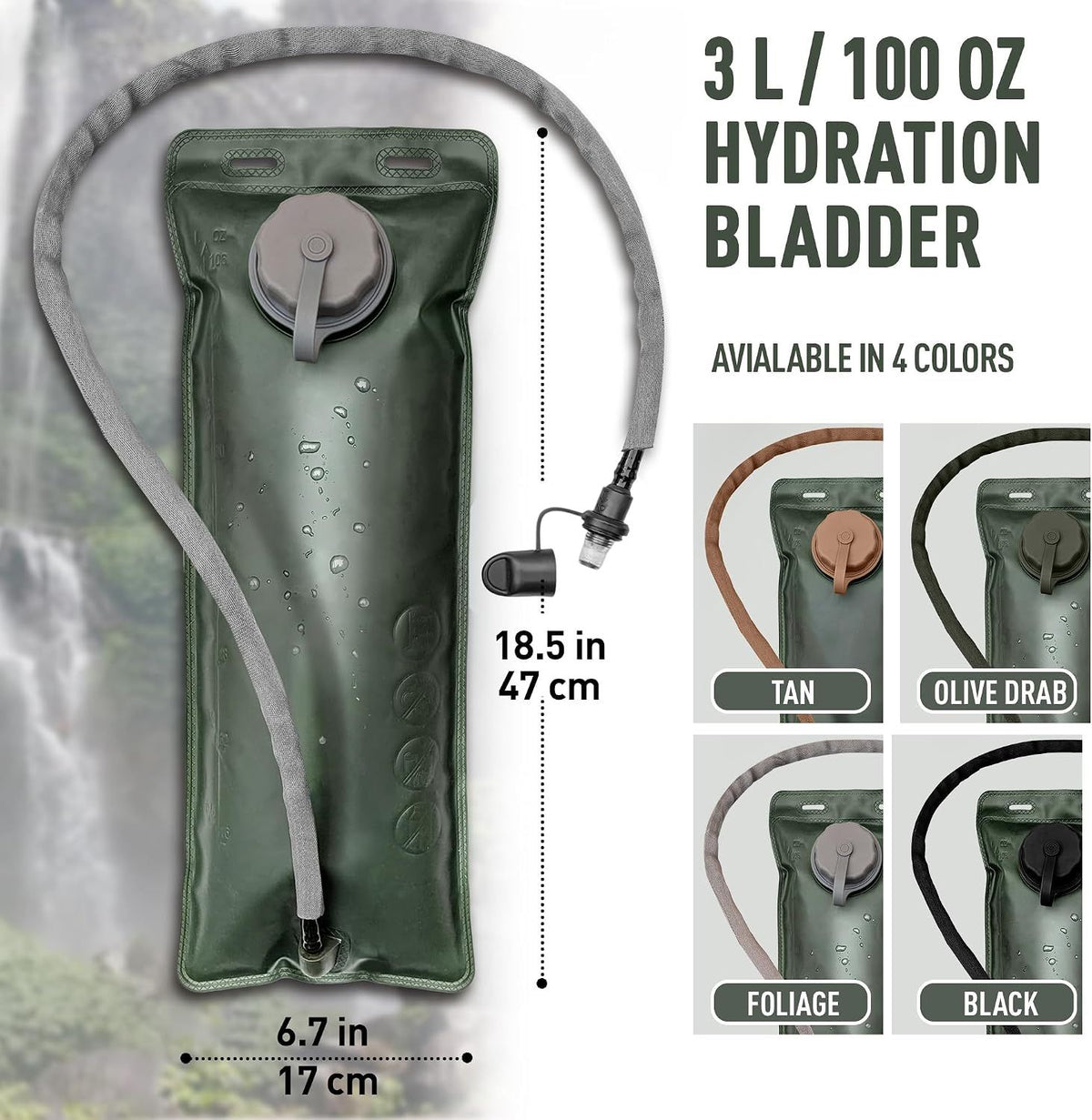BPA-free 3-liter hydration bladder with insulated tube, leak-proof design, suitable for hiking, cycling, and outdoor adventures.