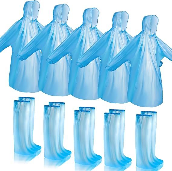 10-pack waterproof disposable rain poncho sets with shoe covers for adults and kids, blue, including 5 ponchos and 5 shoe covers.