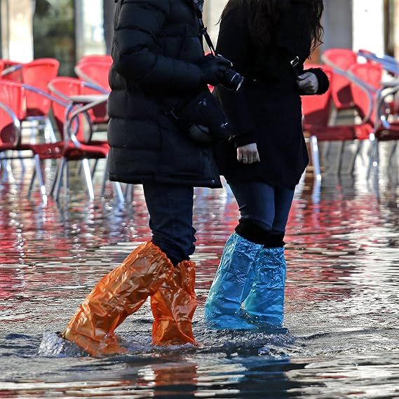 10-pack waterproof disposable rain poncho sets with shoe covers for adults and kids, blue, including five ponchos and five shoe covers.