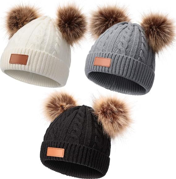 Kids toddler winter pompom beanie hat with faux fur pom, knitted for girls and boys aged 1-3 years, by Everything Baby.
