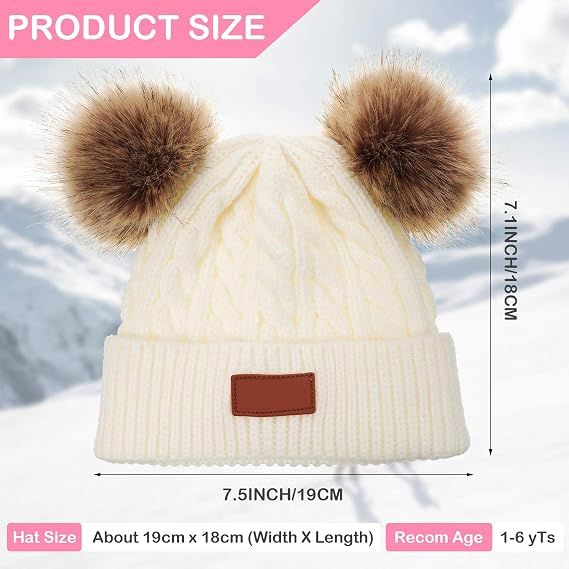 Kids toddler winter knit beanie hat with faux fur pompom, suitable for girls and boys aged 1-3 years.