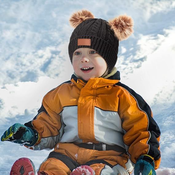 Baby toddler winter knitted beanie hat with faux fur pom-pom, suitable for girls and boys aged 1-3 years, by Everything Baby.