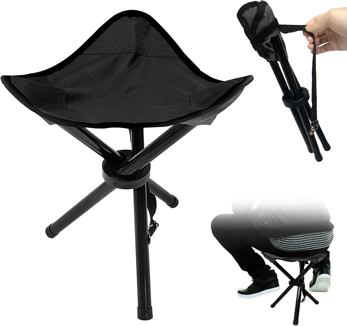 Black travel folding camping stool with tripod design, 14.6 inches, supports up to 300 lbs, ideal for outdoor camping, fishing, and hiking.