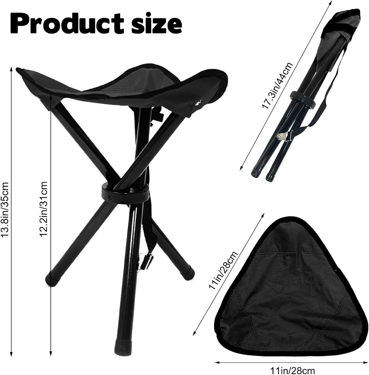 Black portable camping stool from Everything Baby, 14.6-inch tripod chair, supports up to 300 lbs, ideal for outdoor camping and fishing.