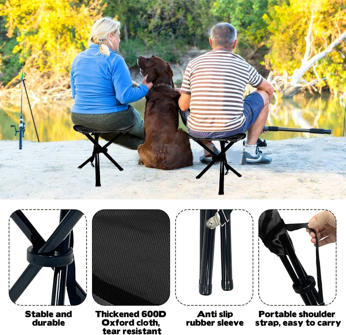 Black travel folding camping stool by Everything Baby, 14.6-inch portable tripod chair for outdoor activities and kids' outdoor play.