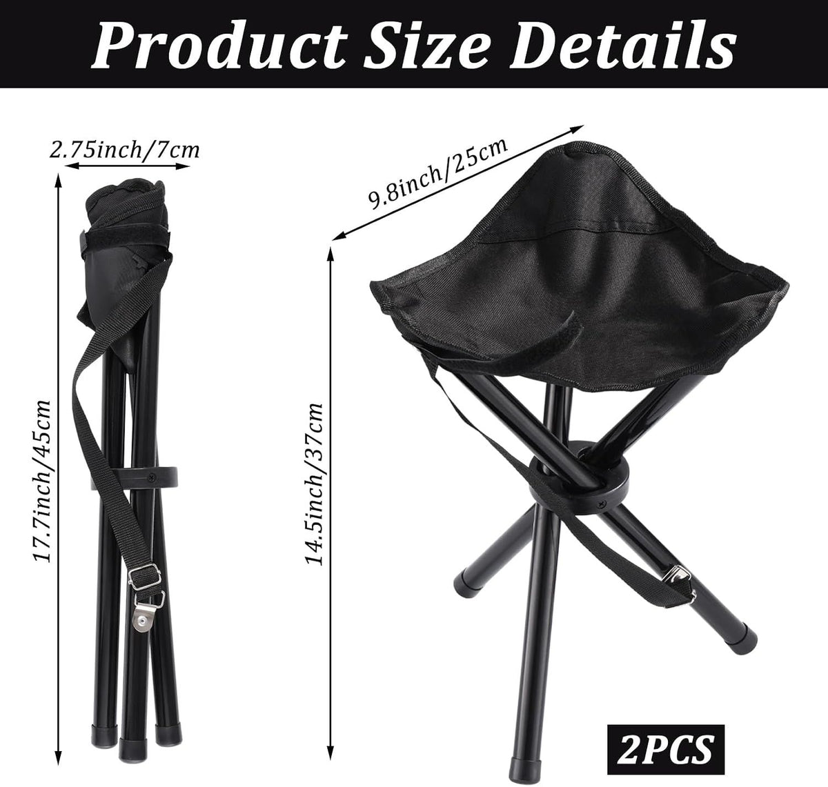 Black portable folding camping stool for outdoor trips, suitable for camping, picnics, beach, garden, and hiking activities.