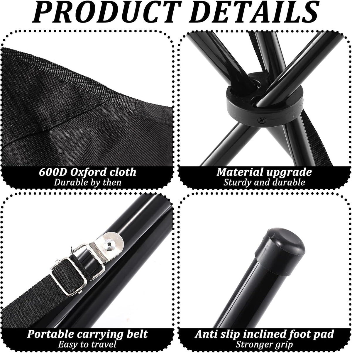 Black portable folding camping stool for outdoor trips, suitable for camping, picnics, beach, garden, and hiking activities.