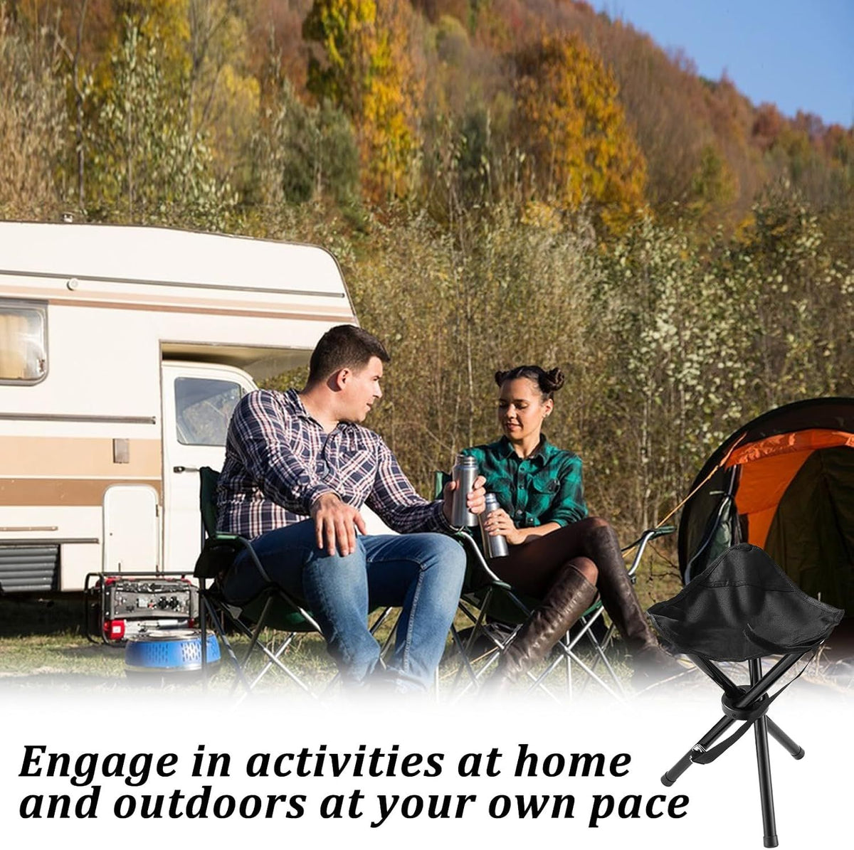 Black portable folding camping stool, compact tripod seat by Everything Baby, ideal for outdoor camping, picnics, and hikes.