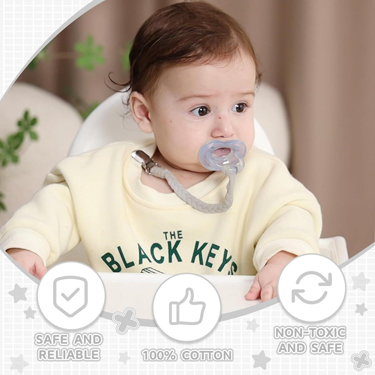 Handmade set of 4 braided pacifier clips for babies and kids, compatible with all pacifiers, in neutral colors.