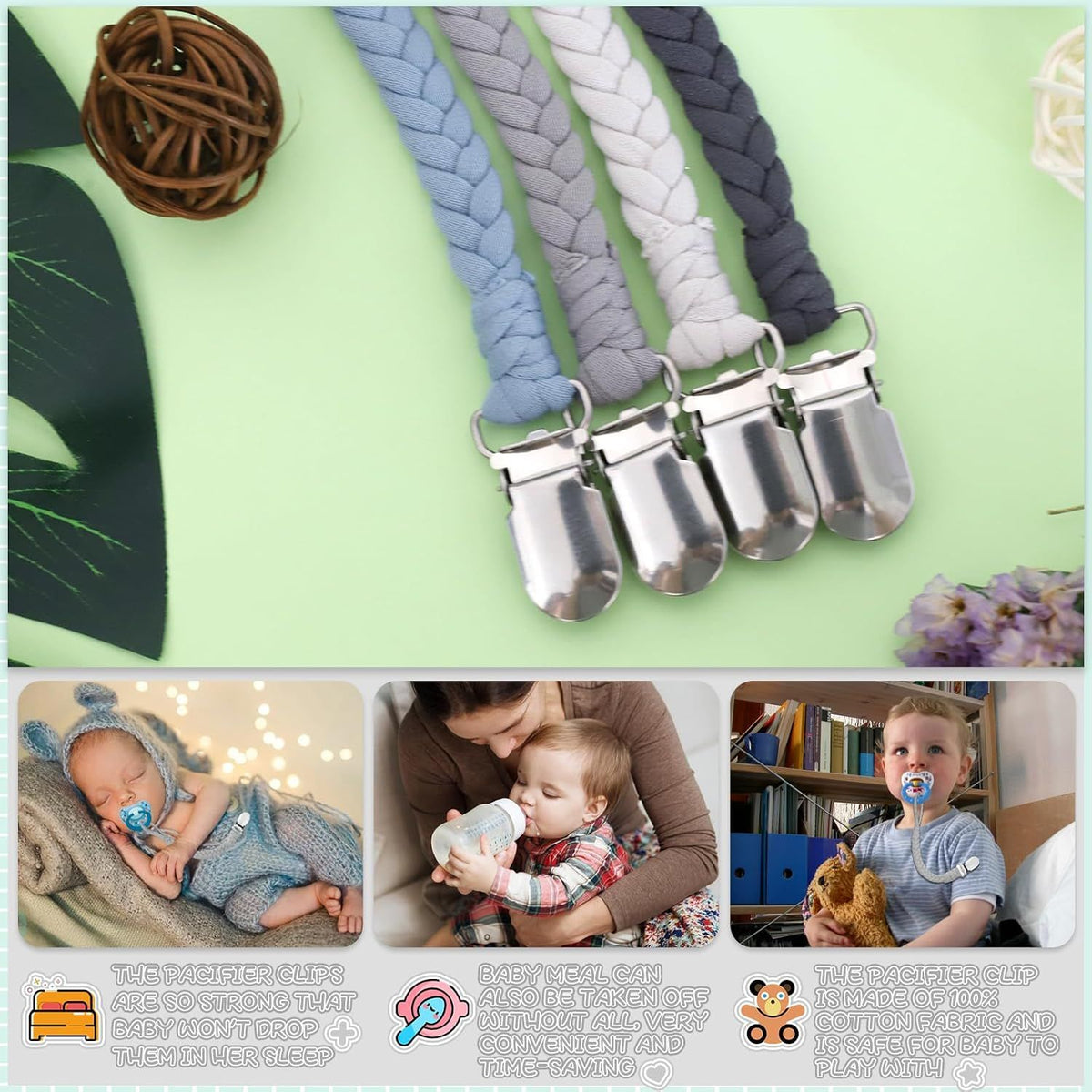 Handmade set of four braided pacifier clips for boys and girls, compatible with all pacifiers, by Everything Baby.