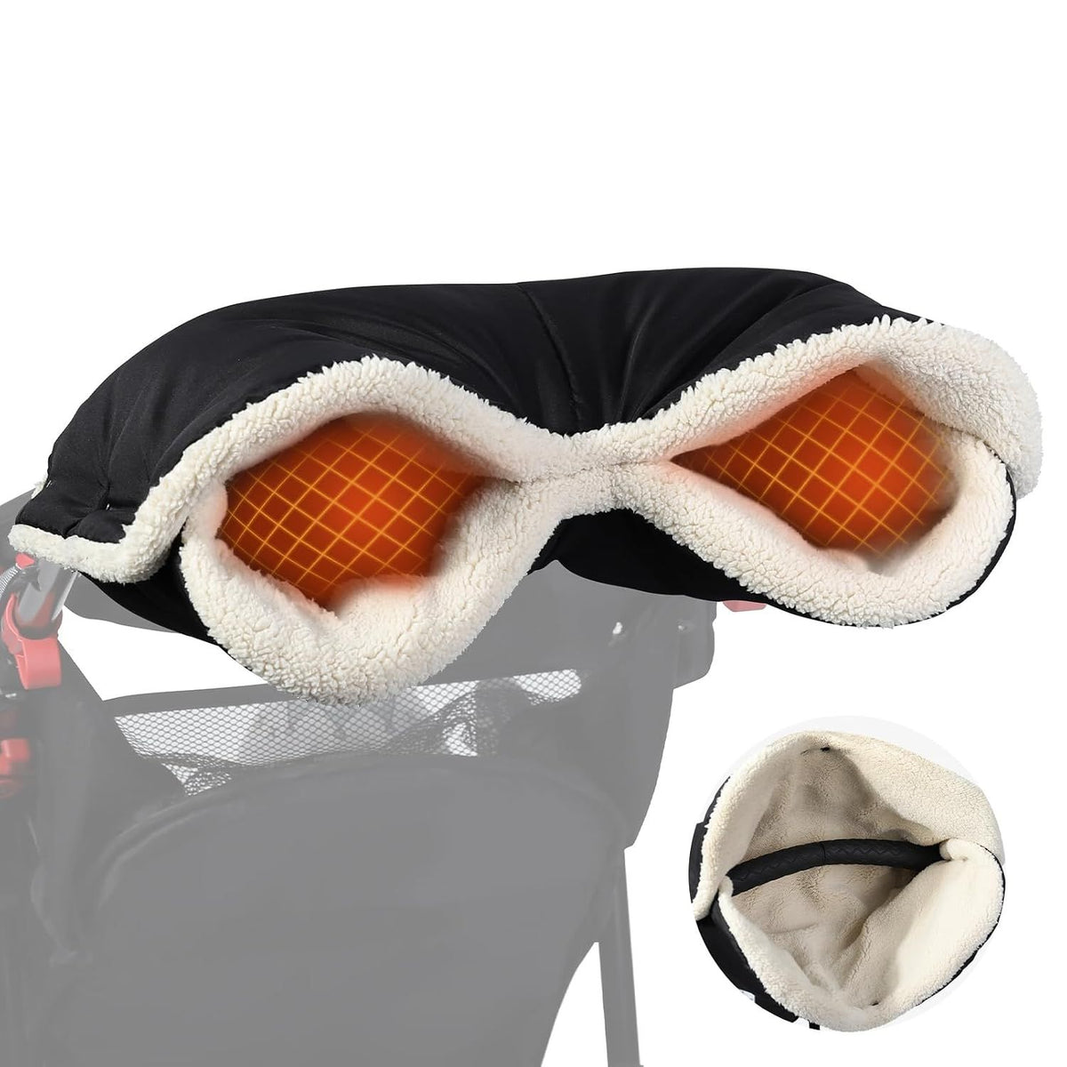 Black waterproof winter stroller gloves from Everything Baby, cozy mittens for parents and caregivers attaching to strollers.
