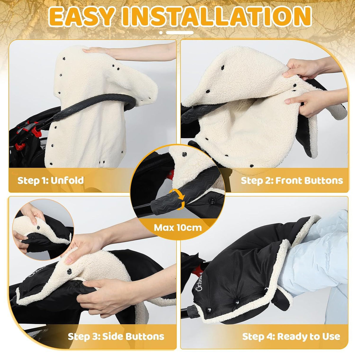 Black waterproof winter stroller gloves from Everything Baby, cozy and warm mittens for parents and caregivers to keep hands warm in cold weather.