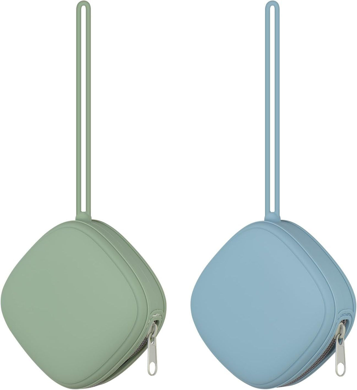 Two silicone pacifier holder cases in pink and blue, portable baby pacifier pouches for boys and girls, BPA free, from Everything Baby.
