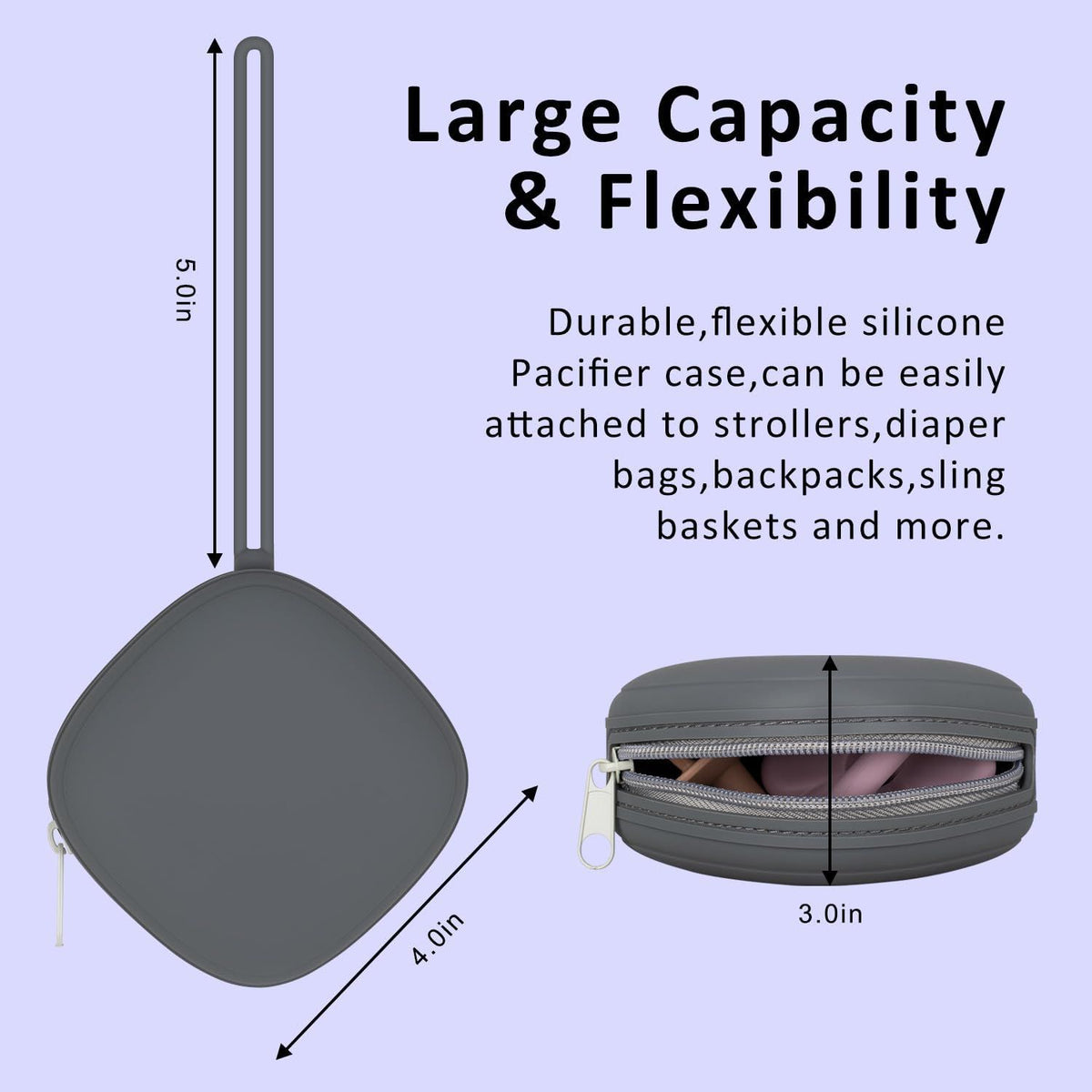 Two silicone pacifier holder cases by Everything Baby, portable and BPA-free, for newborns’ pacifiers in diaper bags.
