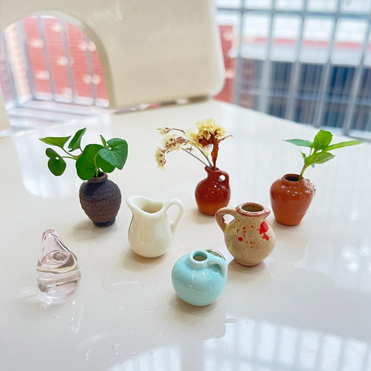Set of 8 mini ceramic fridge magnets shaped as tiny plant vases, colorful and decorative for kitchen and office refrigerator decoration.